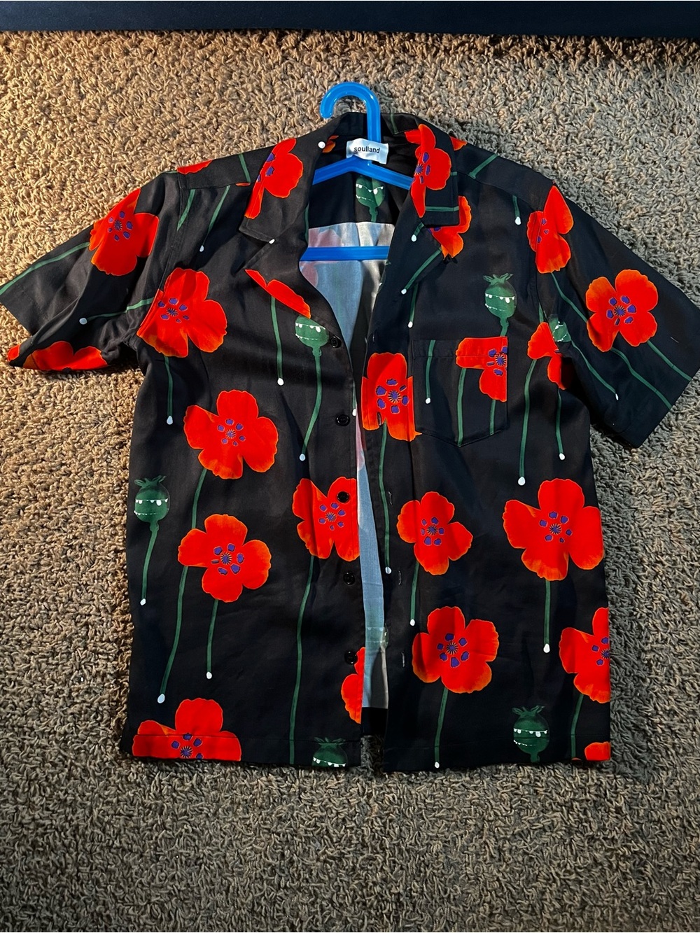 Soulland Black Short-Sleeve Button Shirt with Red Floral Print